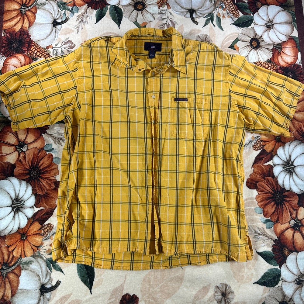 Vintage Y2K US Polo Assn Mens Yellow Plaid Short Sleeve Button Down Shirt XL